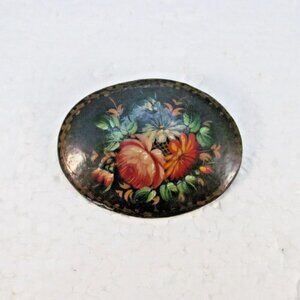 Vintage Hand Painted Russian Lacquer Floral Oval Brooch